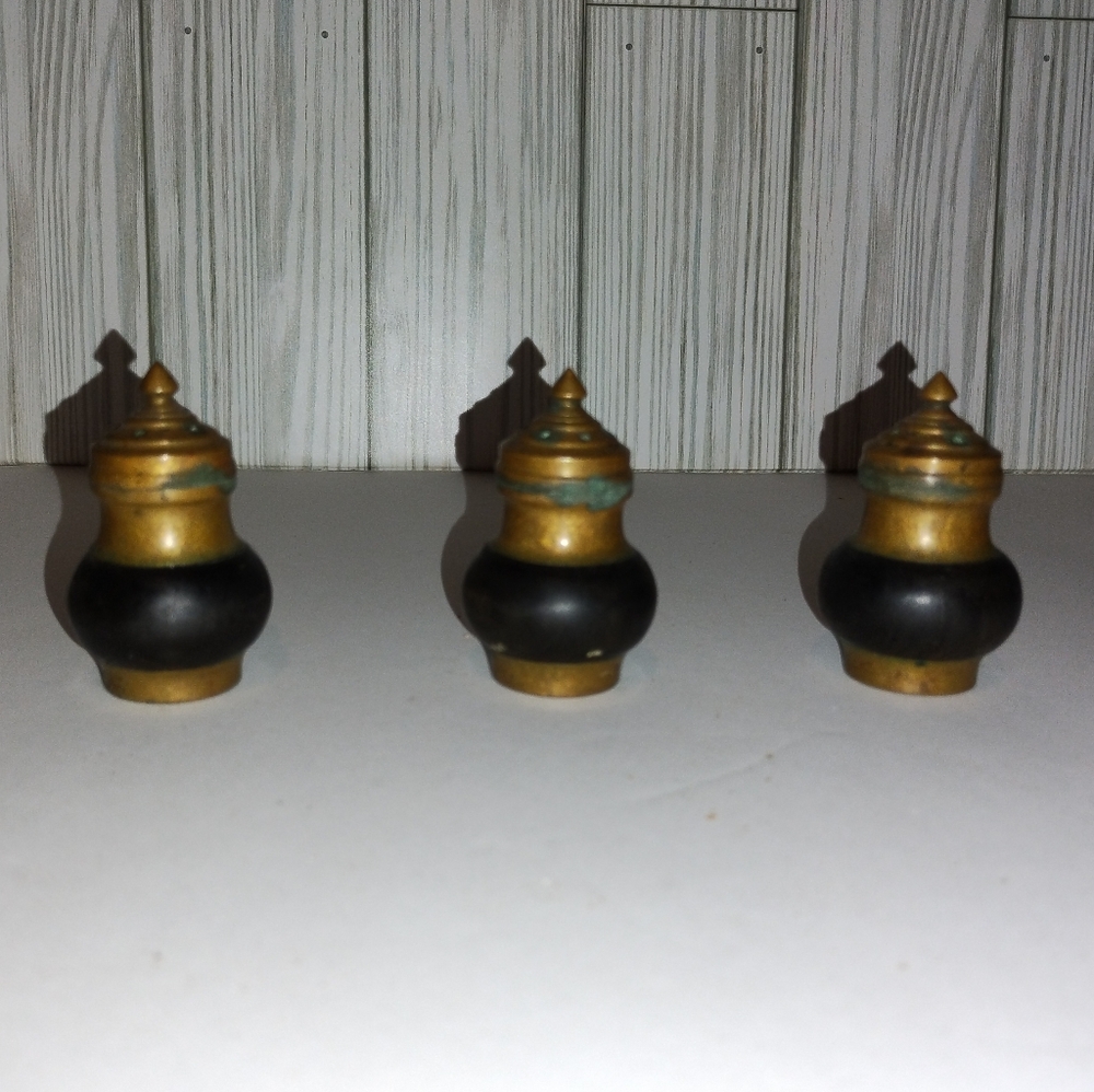 (3) Vintage Brass and Wood Salt Pepper Shakers